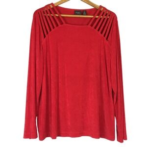Chicos Travelers Collection Red Lattice Neckline Long Sleeve Top Size 3